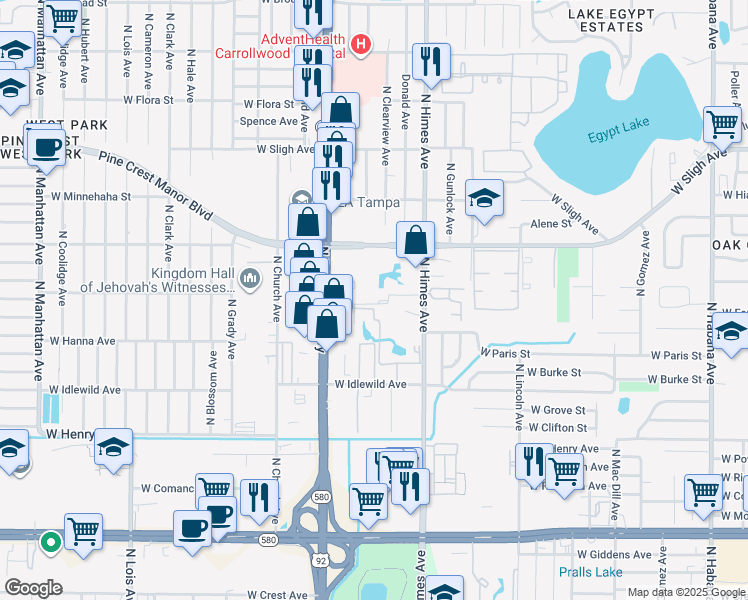 map of restaurants, bars, coffee shops, grocery stores, and more near 3507 Fountain Mist Drive in Tampa