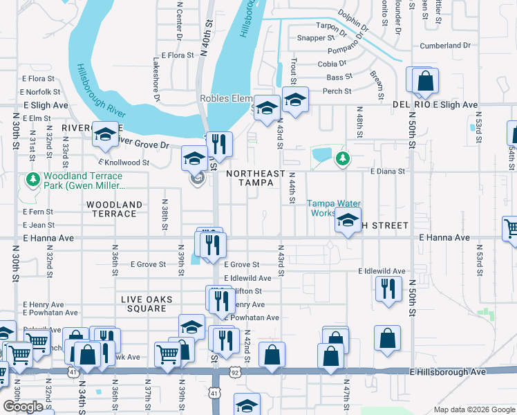 map of restaurants, bars, coffee shops, grocery stores, and more near 6220 Rolling Hammock Pl in Tampa