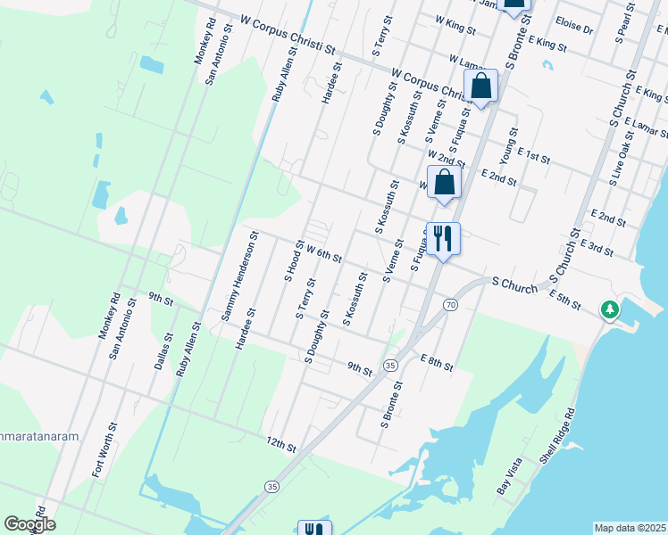 map of restaurants, bars, coffee shops, grocery stores, and more near 1504 South Doughty Street in Rockport