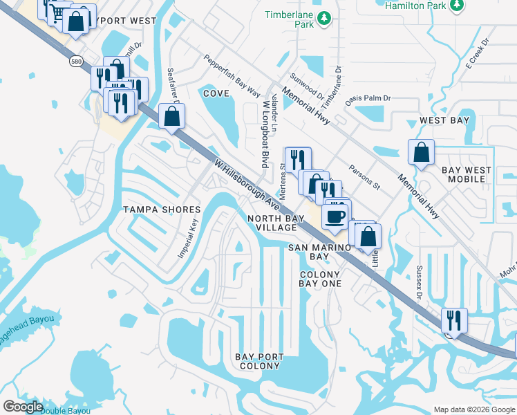 map of restaurants, bars, coffee shops, grocery stores, and more near 6346 Newtown Circle in Tampa