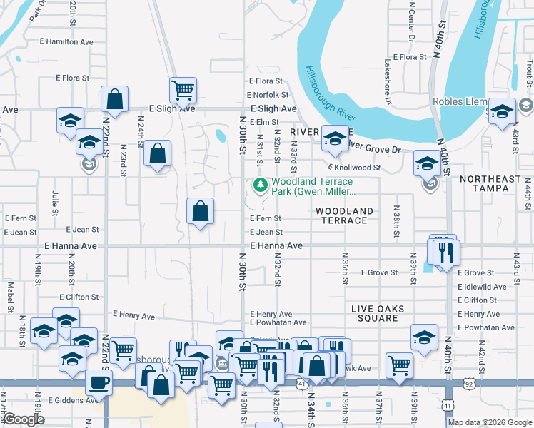 map of restaurants, bars, coffee shops, grocery stores, and more near 3014 East Fern Street in Tampa