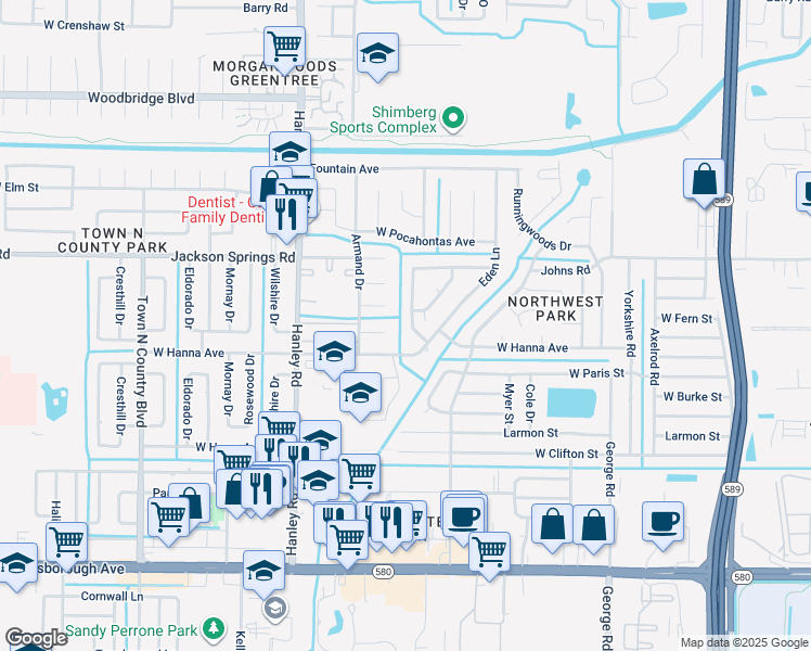 map of restaurants, bars, coffee shops, grocery stores, and more near 6410 Willow Wood Lane in Tampa