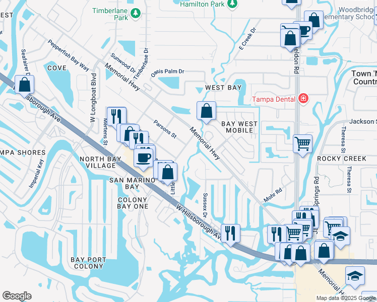 map of restaurants, bars, coffee shops, grocery stores, and more near 6317 Little River Drive in Tampa