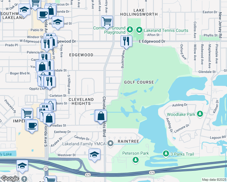 map of restaurants, bars, coffee shops, grocery stores, and more near 823 Eddy Street in Lakeland