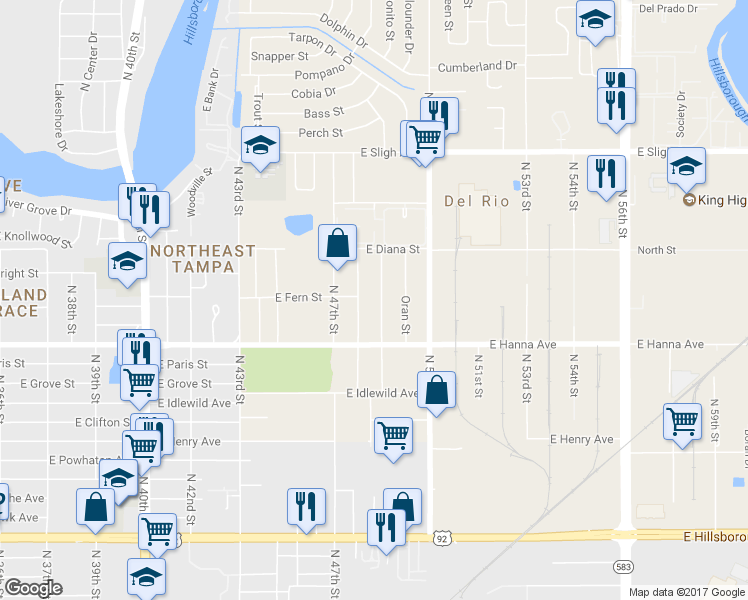 map of restaurants, bars, coffee shops, grocery stores, and more near 6222 North 49th Street in Tampa