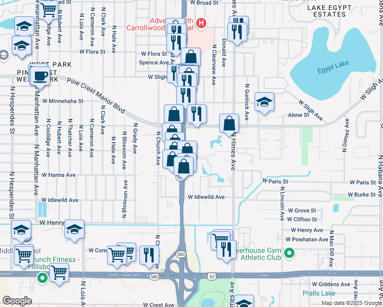 map of restaurants, bars, coffee shops, grocery stores, and more near 3741 Fountain Mist Drive in Tampa