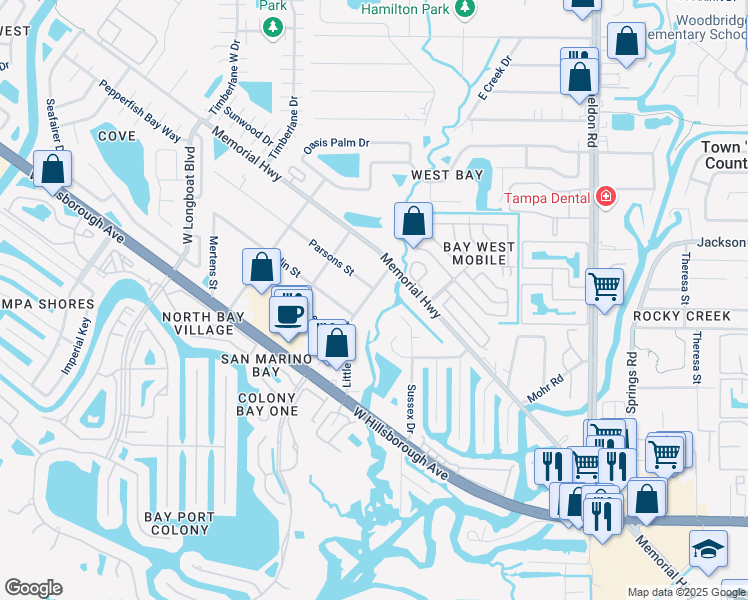 map of restaurants, bars, coffee shops, grocery stores, and more near 6317 Little River Drive in Tampa