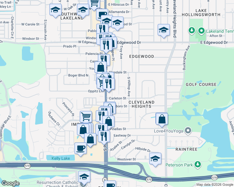 map of restaurants, bars, coffee shops, grocery stores, and more near 3223 Troy Avenue in Lakeland