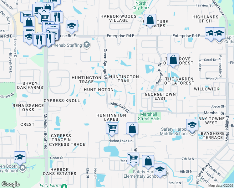 map of restaurants, bars, coffee shops, grocery stores, and more near 1009 Wyndham Way in Safety Harbor