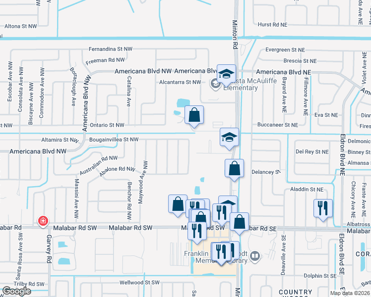 map of restaurants, bars, coffee shops, grocery stores, and more near 280 Meehan Avenue Northwest in Palm Bay