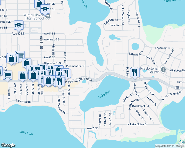 map of restaurants, bars, coffee shops, grocery stores, and more near 1120 Cypress Gardens Boulevard in Winter Haven