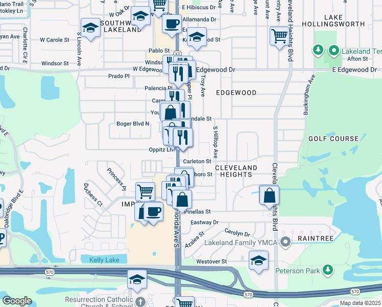 map of restaurants, bars, coffee shops, grocery stores, and more near 3223 Troy Avenue in Lakeland