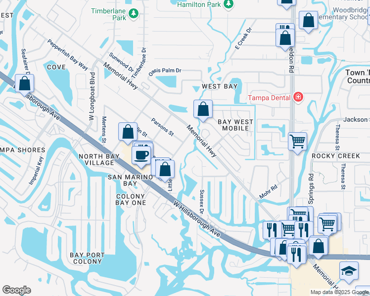 map of restaurants, bars, coffee shops, grocery stores, and more near 6317 Little River Drive in Tampa
