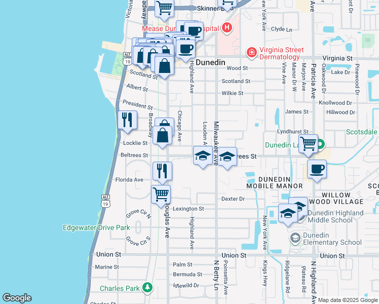 map of restaurants, bars, coffee shops, grocery stores, and more near 460 Beltrees Street in Dunedin