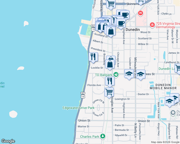 map of restaurants, bars, coffee shops, grocery stores, and more near 405 Edgewater Drive in Dunedin