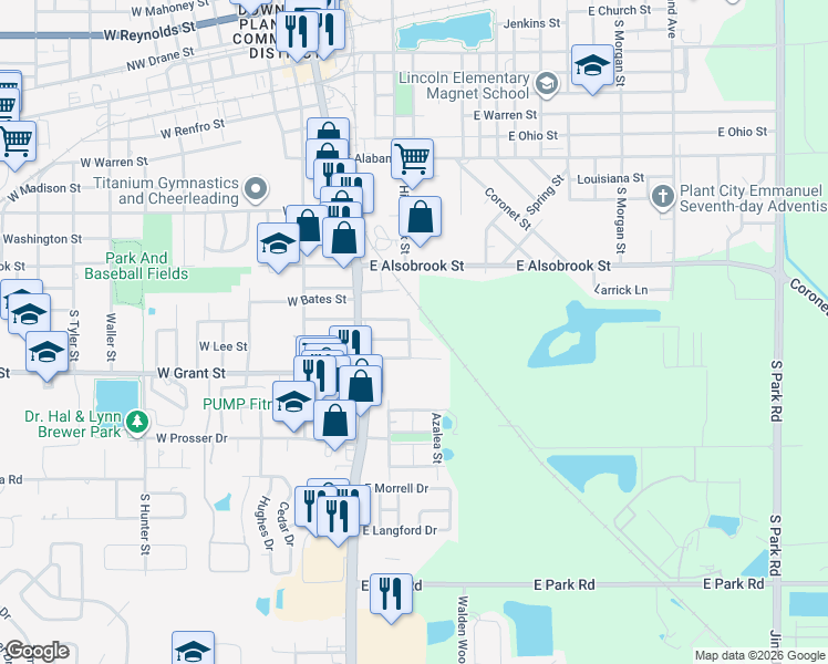 map of restaurants, bars, coffee shops, grocery stores, and more near 702 East Lee Street in Plant City