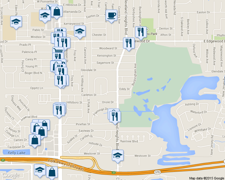 map of restaurants, bars, coffee shops, grocery stores, and more near 622 Carleton Street in Lakeland