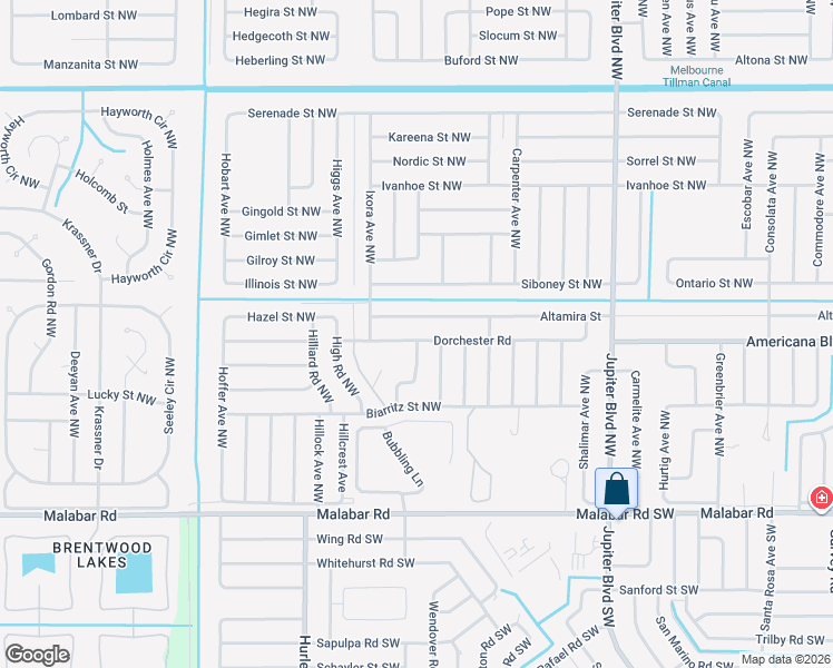 map of restaurants, bars, coffee shops, grocery stores, and more near 1151 Dorchester Road in Palm Bay