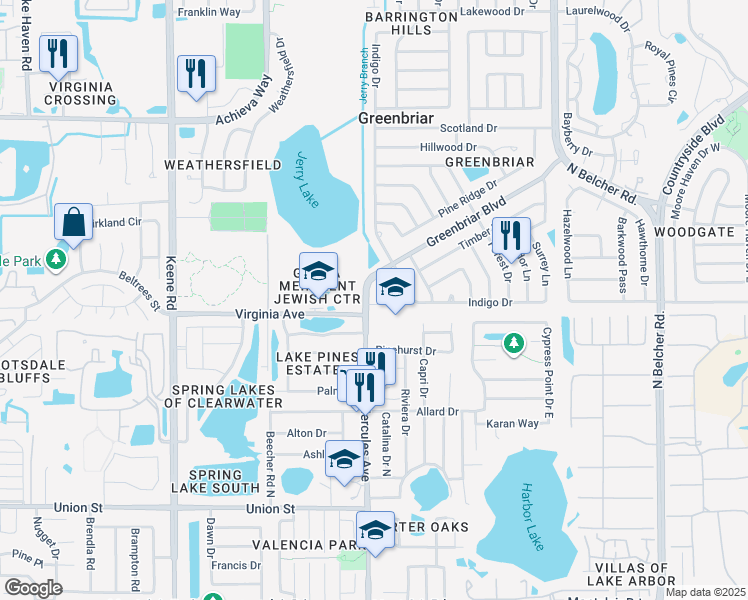 map of restaurants, bars, coffee shops, grocery stores, and more near 323 County Road 34 in Clearwater