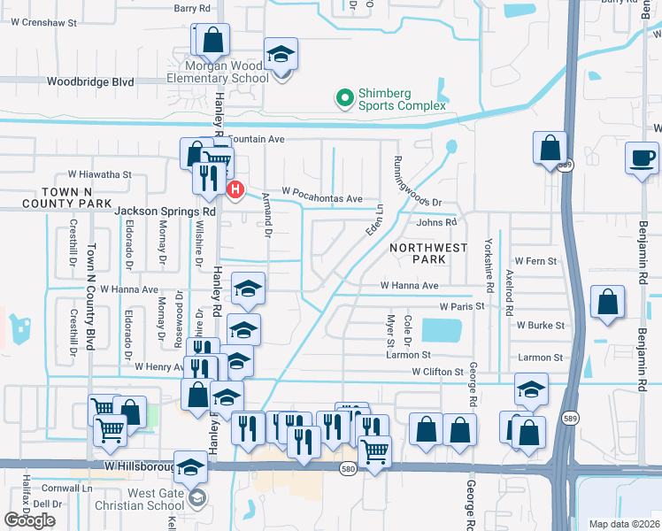 map of restaurants, bars, coffee shops, grocery stores, and more near 6408 Eden Lane in Tampa