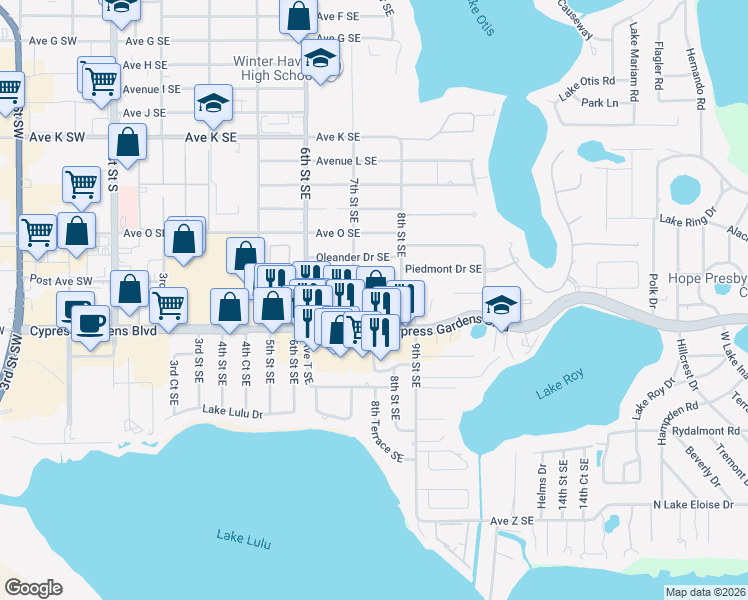 map of restaurants, bars, coffee shops, grocery stores, and more near 743 Avenue Q Southeast in Winter Haven