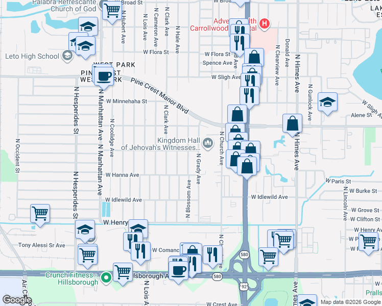 map of restaurants, bars, coffee shops, grocery stores, and more near 6222 North Grady Avenue in Tampa