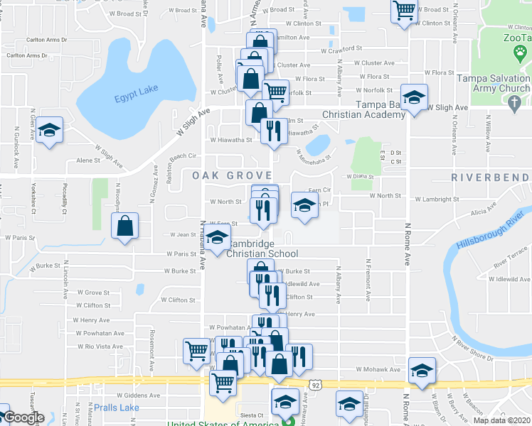 map of restaurants, bars, coffee shops, grocery stores, and more near 6326 North Armenia Avenue in Tampa