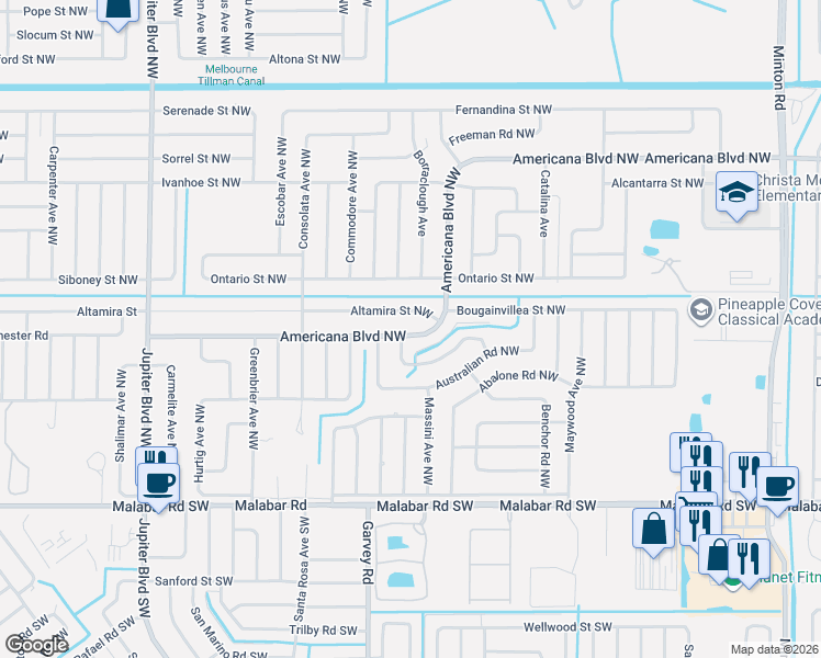 map of restaurants, bars, coffee shops, grocery stores, and more near 661 Americana Boulevard Northwest in Palm Bay