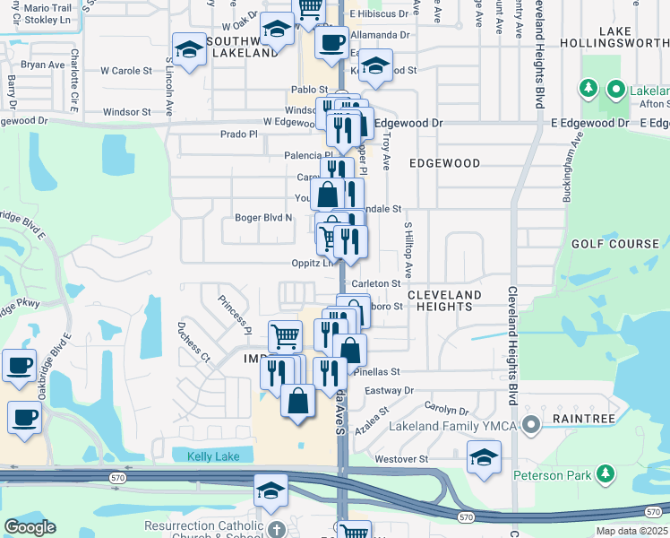 map of restaurants, bars, coffee shops, grocery stores, and more near 3239 Florida Avenue South in Lakeland