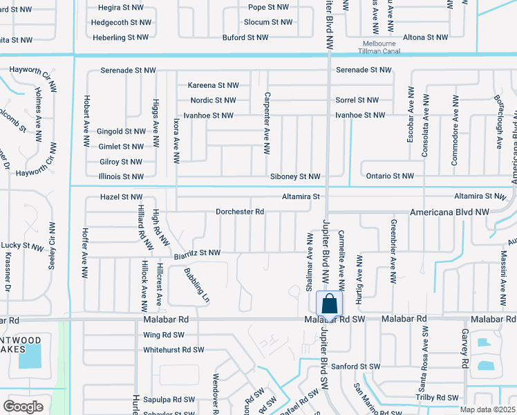 map of restaurants, bars, coffee shops, grocery stores, and more near 1055 Dorchester Road in Palm Bay