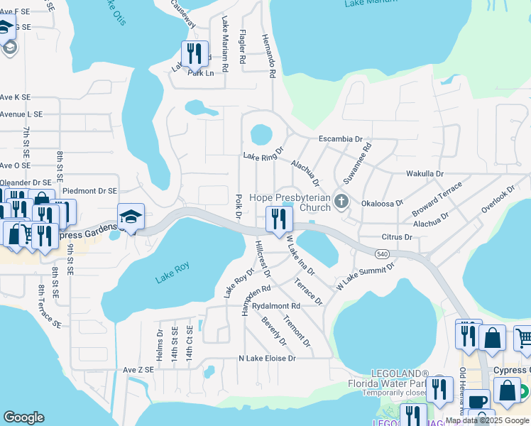 map of restaurants, bars, coffee shops, grocery stores, and more near 1906 Hardee Road in Winter Haven