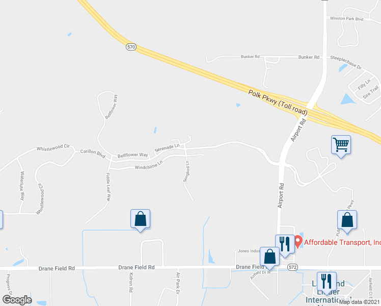 map of restaurants, bars, coffee shops, grocery stores, and more near 3955 Windchime Lane in Lakeland