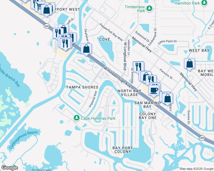 map of restaurants, bars, coffee shops, grocery stores, and more near 5578 Baywater Drive in Tampa