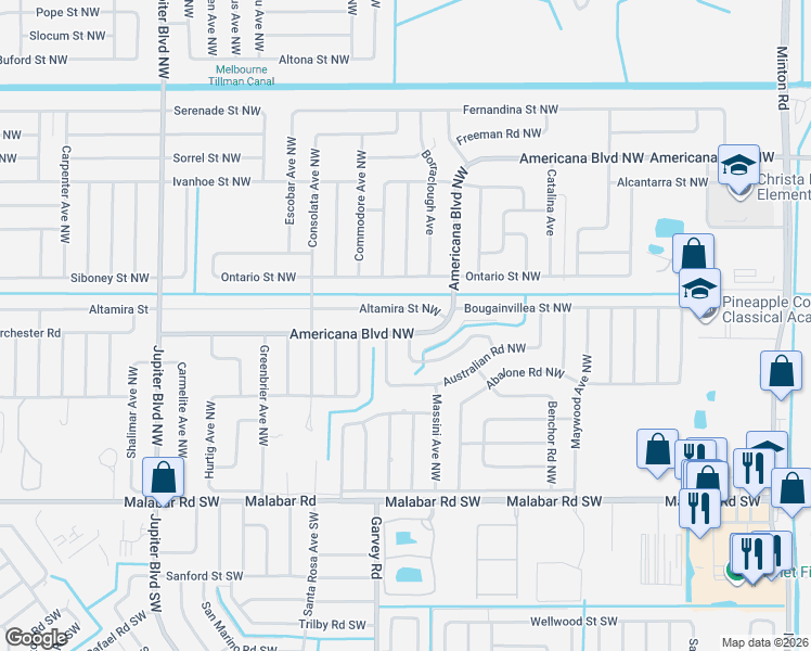 map of restaurants, bars, coffee shops, grocery stores, and more near 661 Americana Boulevard Northwest in Palm Bay