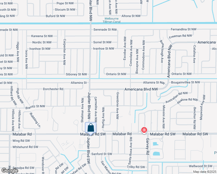 map of restaurants, bars, coffee shops, grocery stores, and more near 837 Americana Boulevard Northwest in Palm Bay