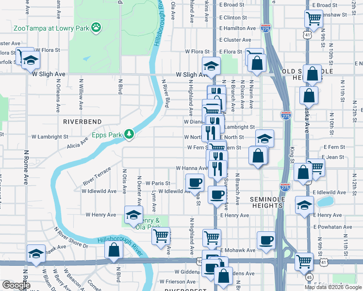 map of restaurants, bars, coffee shops, grocery stores, and more near 6402 North Highland Avenue in Tampa