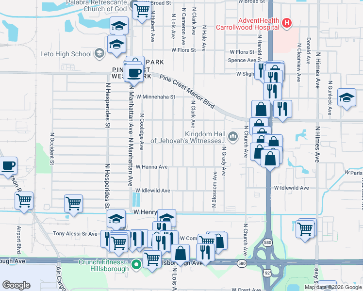 map of restaurants, bars, coffee shops, grocery stores, and more near 4120 West North Street in Tampa