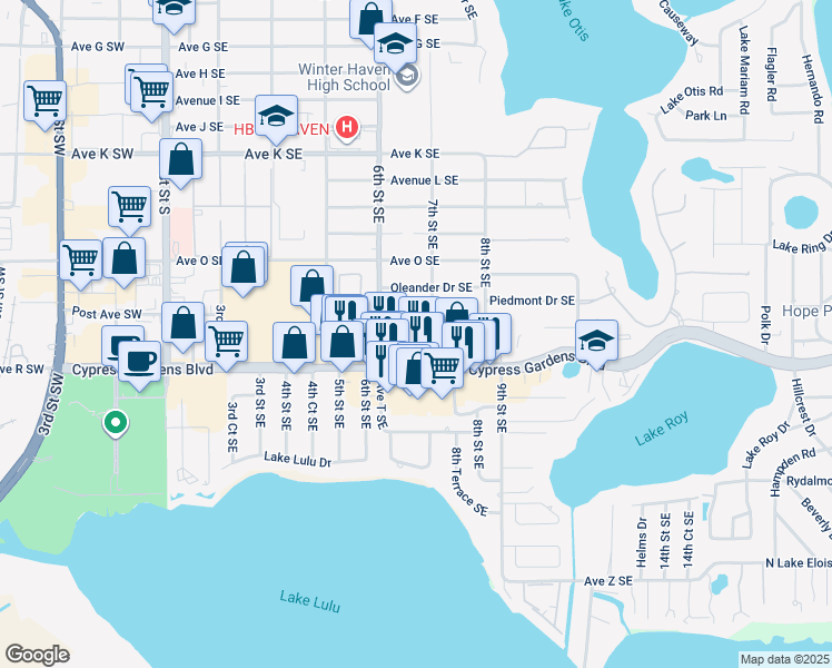map of restaurants, bars, coffee shops, grocery stores, and more near 685 Avenue Q Southeast in Winter Haven