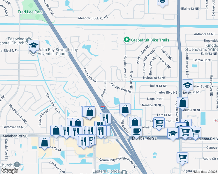 map of restaurants, bars, coffee shops, grocery stores, and more near 1347 Nolan Street Northeast in Palm Bay