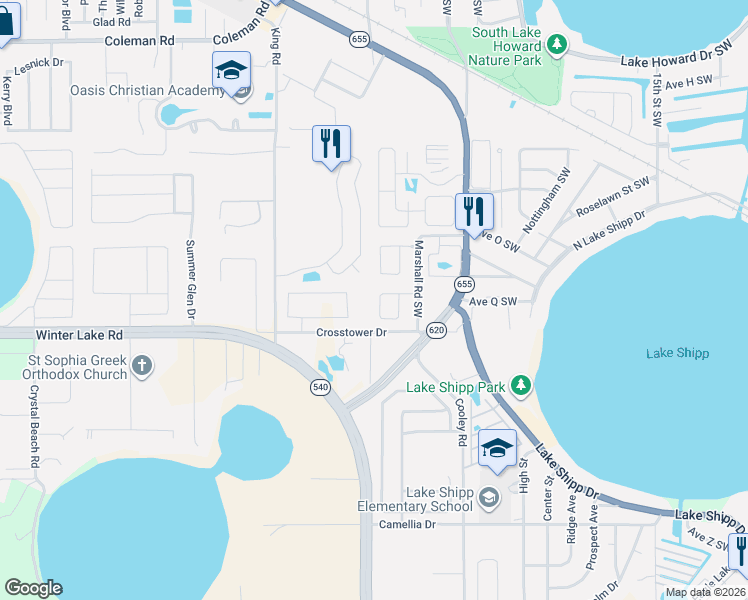map of restaurants, bars, coffee shops, grocery stores, and more near 1721 Sandalwood Circle Southwest in Winter Haven