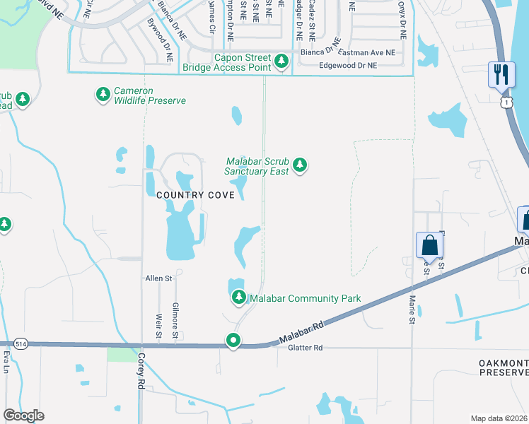 map of restaurants, bars, coffee shops, grocery stores, and more near Malabar Woods Boulevard in Malabar