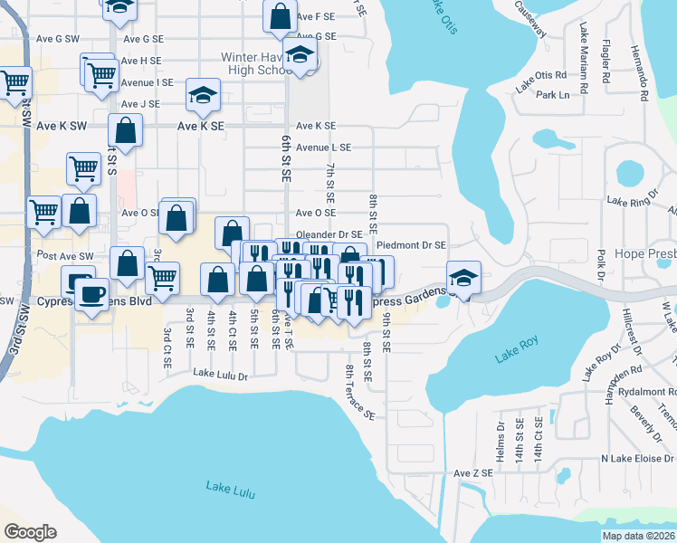 map of restaurants, bars, coffee shops, grocery stores, and more near 743 Avenue Q Southeast in Winter Haven