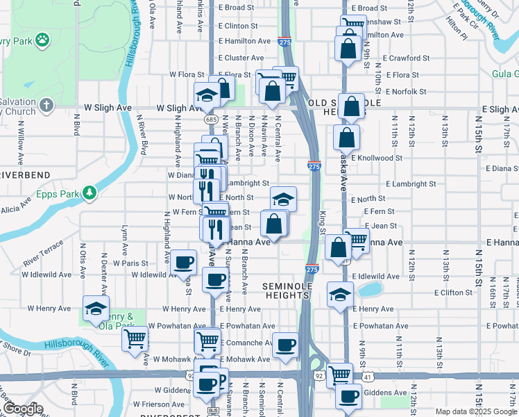 map of restaurants, bars, coffee shops, grocery stores, and more near 310 East Fern Street in Tampa
