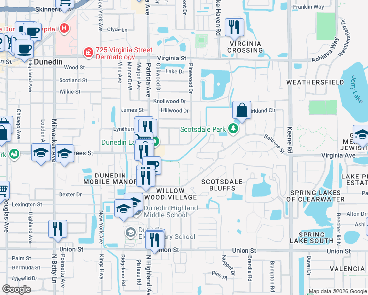 map of restaurants, bars, coffee shops, grocery stores, and more near 953 Cedarwood Avenue in Dunedin