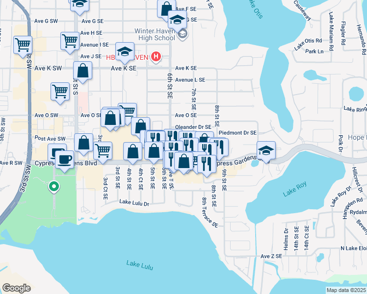 map of restaurants, bars, coffee shops, grocery stores, and more near 685 Avenue Q Southeast in Winter Haven