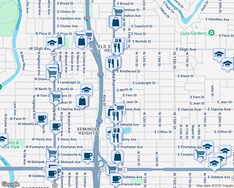 map of restaurants, bars, coffee shops, grocery stores, and more near 908 East Fern Street in Tampa