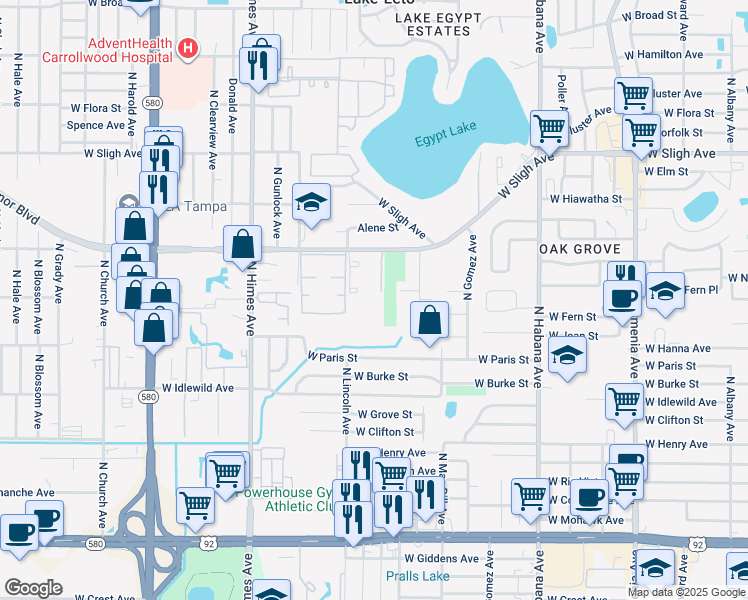 map of restaurants, bars, coffee shops, grocery stores, and more near 3132 West Lambright Street in Tampa