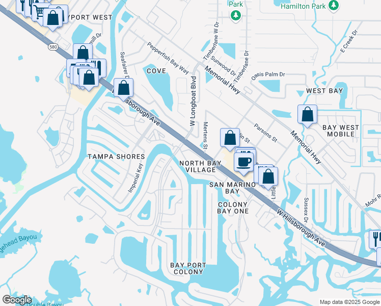 map of restaurants, bars, coffee shops, grocery stores, and more near 6340 Newtown Circle in Tampa