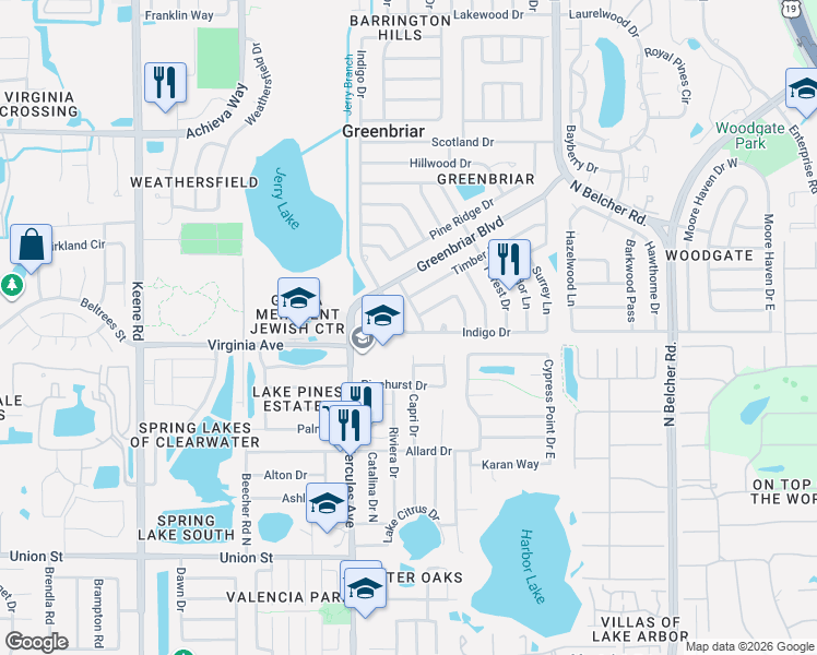 map of restaurants, bars, coffee shops, grocery stores, and more near 2043 Indigo Drive in Clearwater