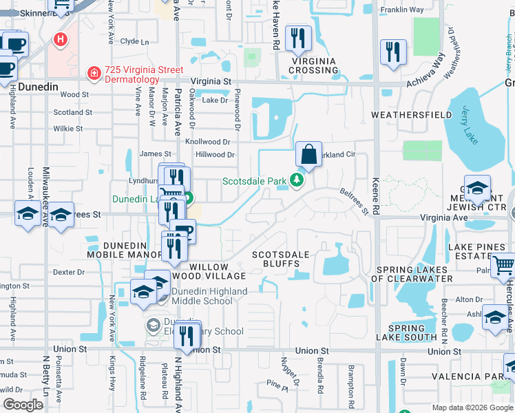 map of restaurants, bars, coffee shops, grocery stores, and more near 1128 Scotsdale Street in Dunedin